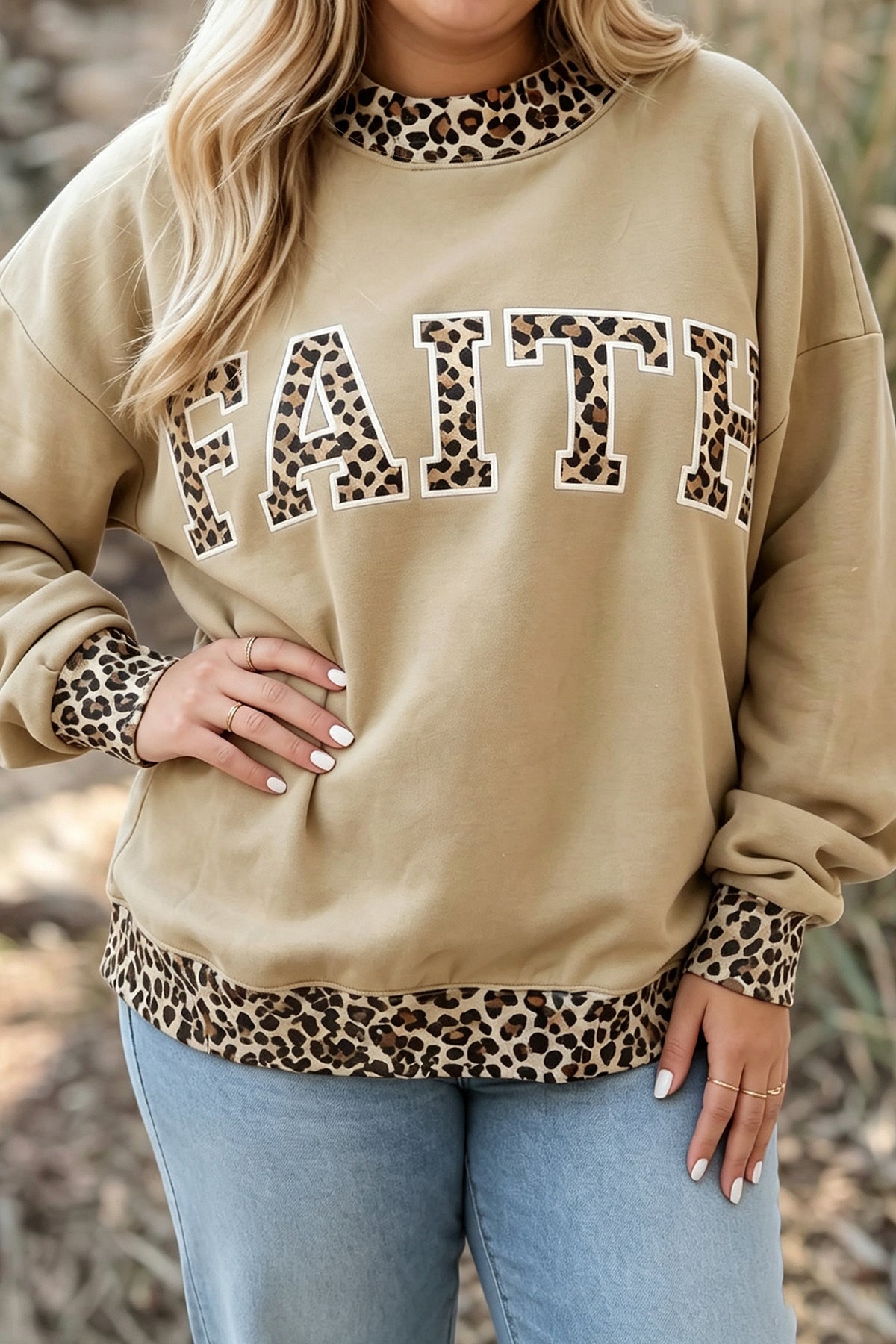 Parchment Plus Size Leopard Trim Mock Neck FAITH Graphic Sweatshirt PREORDER ETA 3 WEEKS