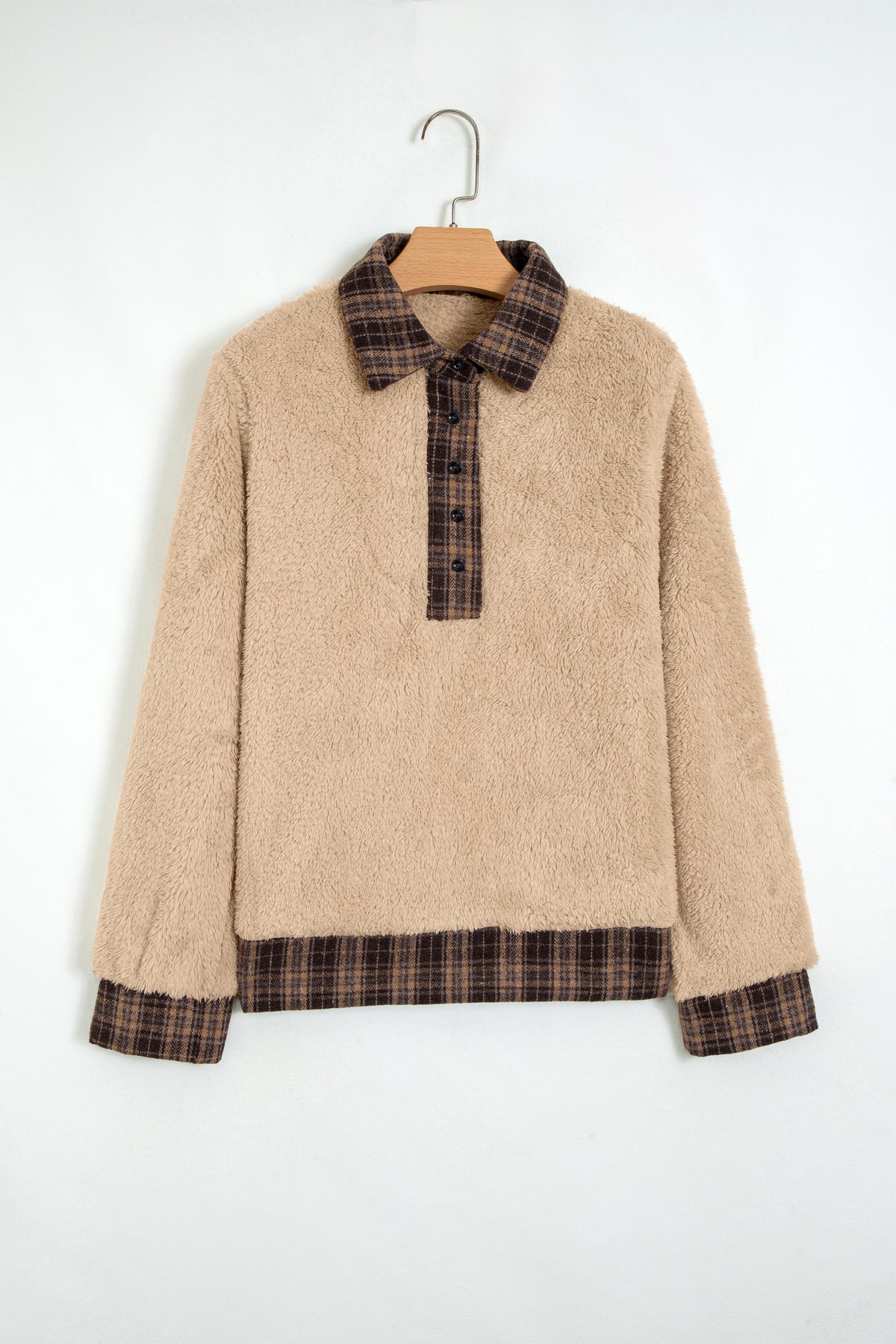Light French Beige Plaid Collar Button Front Fleece Pullover Sweatshirt PREORDER ETA 3 WEEKS