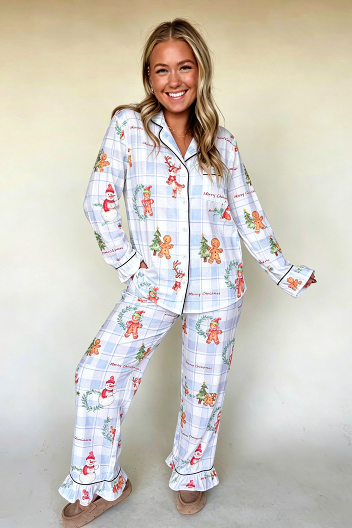 Sky Blue Plaid Cartoon Christmas Pattern Shirt Top 2pcs Pajama Set PREORDER ETA 3 WEEKS