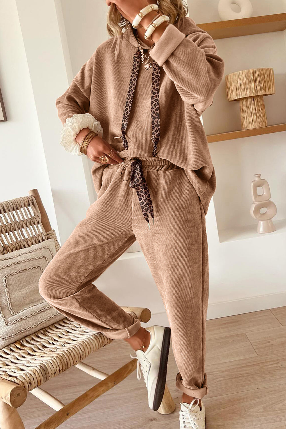 Leopard Drawstring Pullover Hoodie and High Waist Pants PREORDER ETA 3 WEEKS