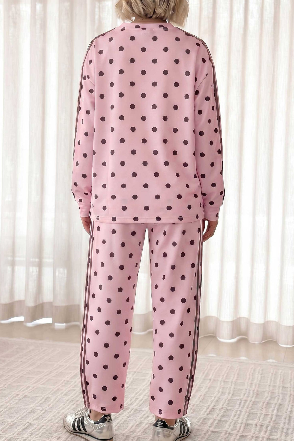 Pink Polka Dot Print Side Stripe Detail Long Sleeve Top Casual Pant Set PREORDER ETA 3 WEEKS