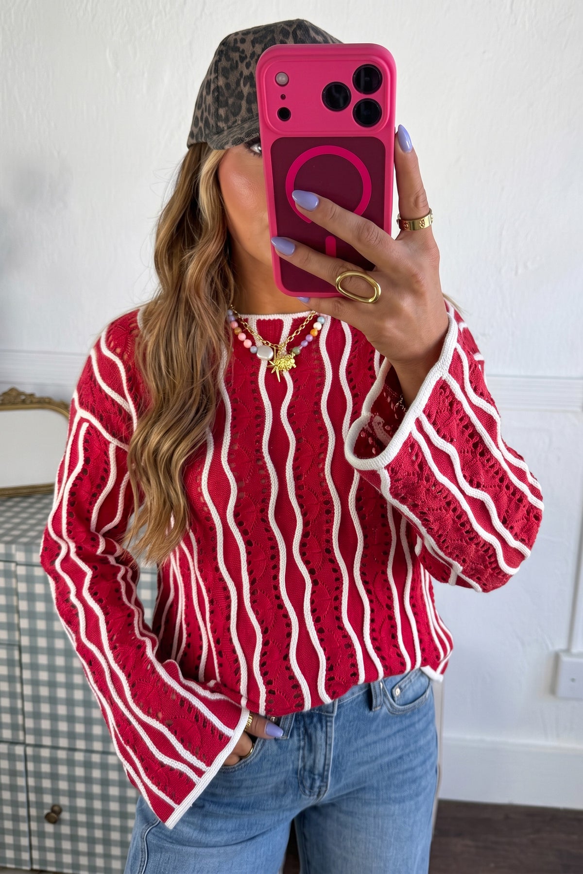 Racing Red Wavy Detail Hollow Out Knit Long Sleeve Cotton Pullover Sweater PREORDER ETA 3 WEEKS