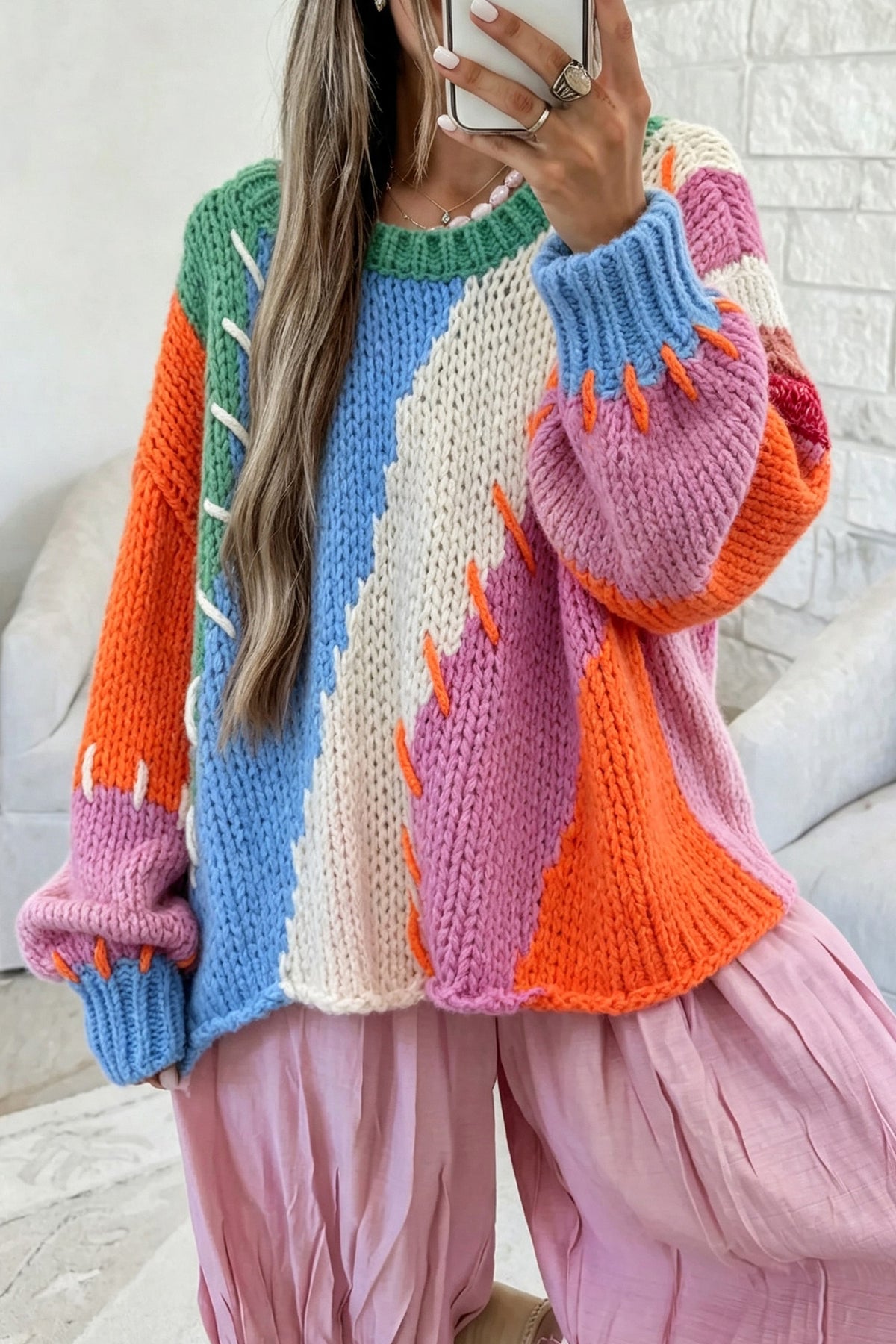 Bonbon Color Block Patchwork Knit Stitched Detail Oversize Sweater PREORDER ETA 3 WEEKS
