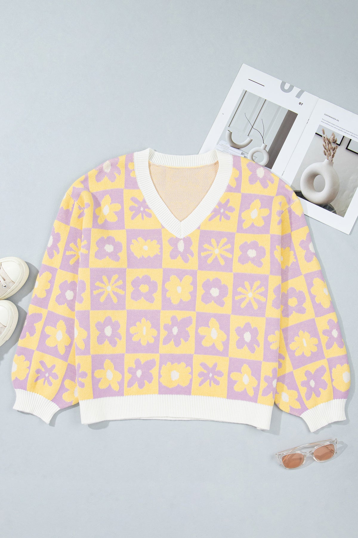 Multicolour V Neck Plaid Floral Long Sleeve Plus Size Sweater PREORDER ETA 3 WEEKS