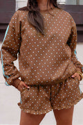 Brown Polka Dot Print Side Stripe Detail Casual Sweatshirt 2pcs Short Set PREORDER ETA 3 WEEKS