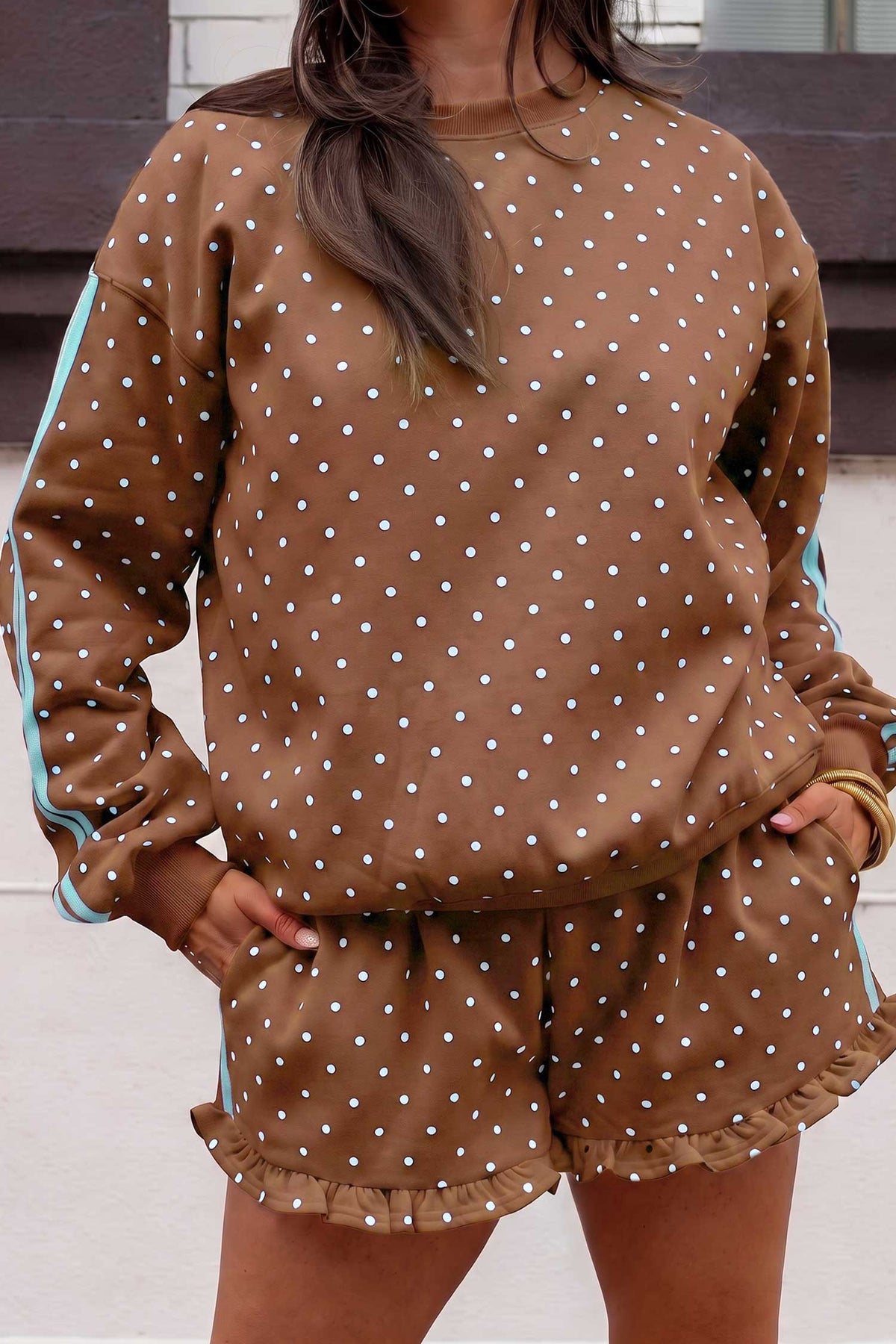 Brown Polka Dot Print Side Stripe Detail Casual Sweatshirt 2pcs Short Set PREORDER ETA 3 WEEKS
