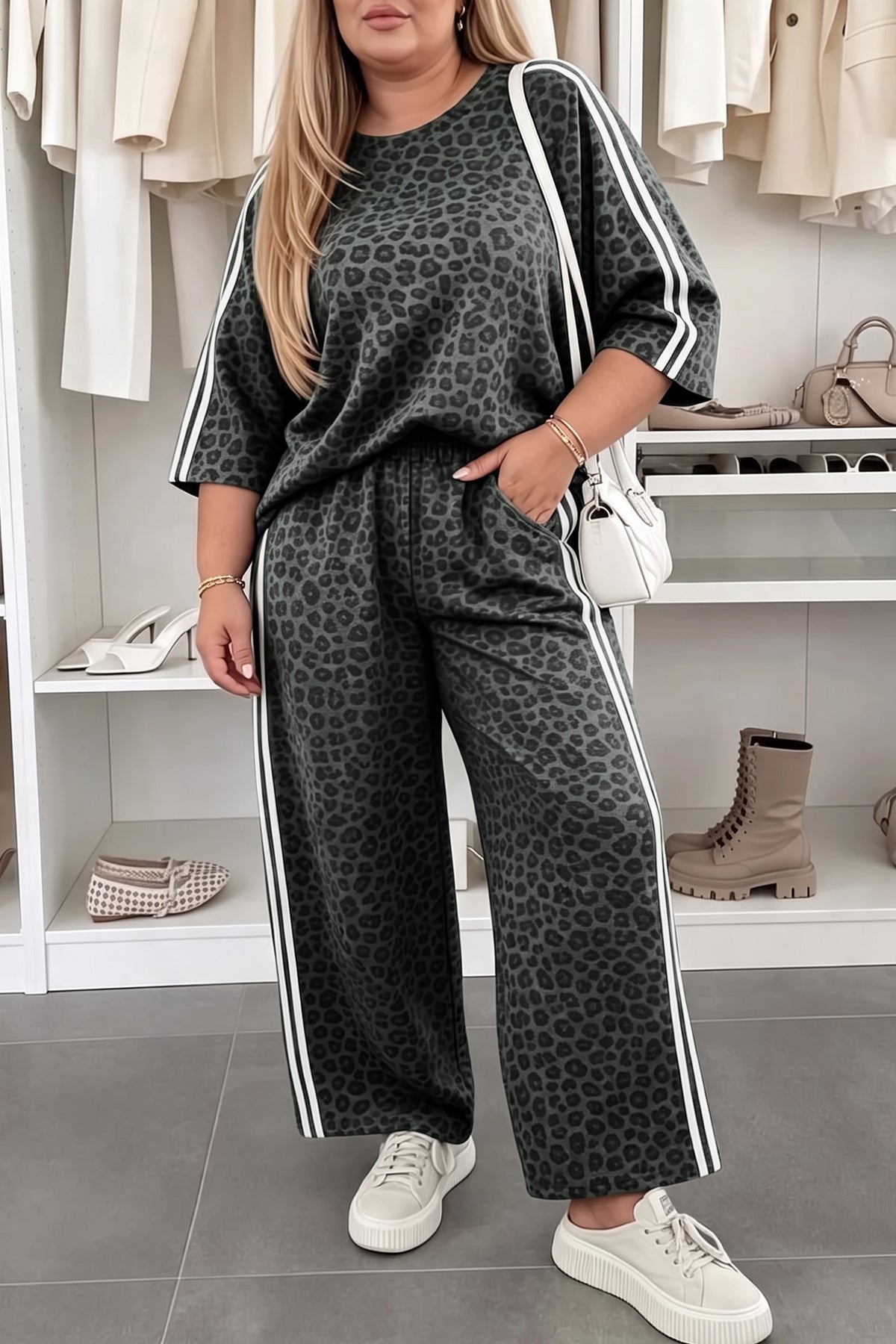 Gray Leopard Print Bracelet Sleeve Top Plus Size Loose Pants Set PREORDER ETA 3 WEEKS