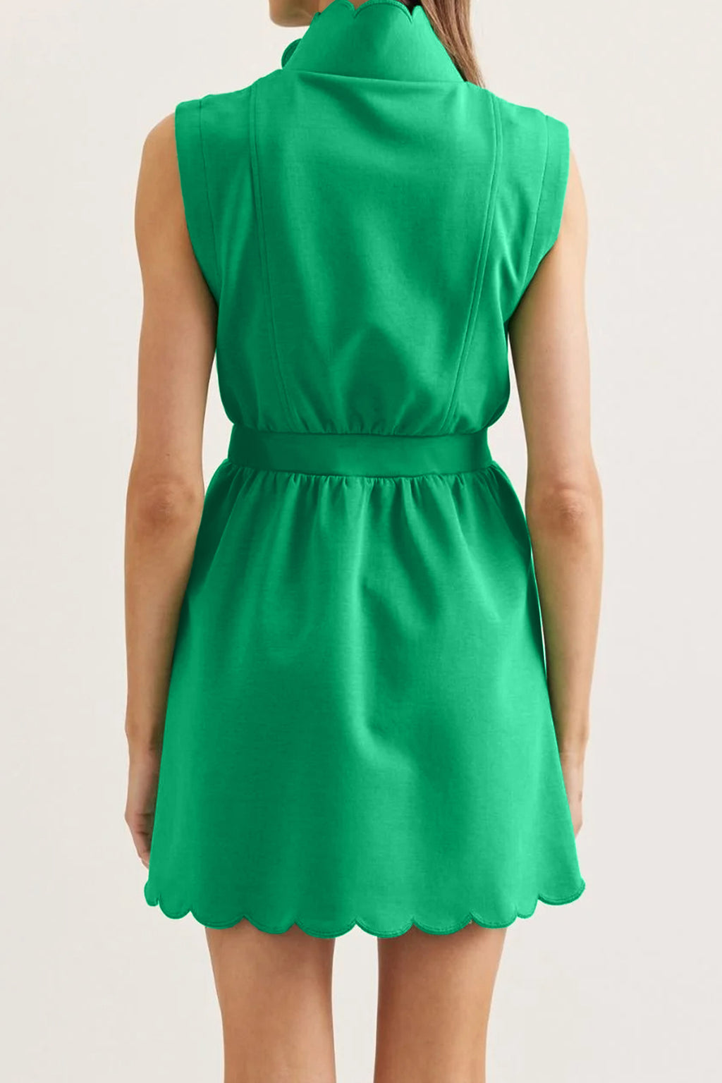 Bright Green Sleeveless Zip Front Scallop Hem Mini Dress PREORDER ETA 3 WEEKS