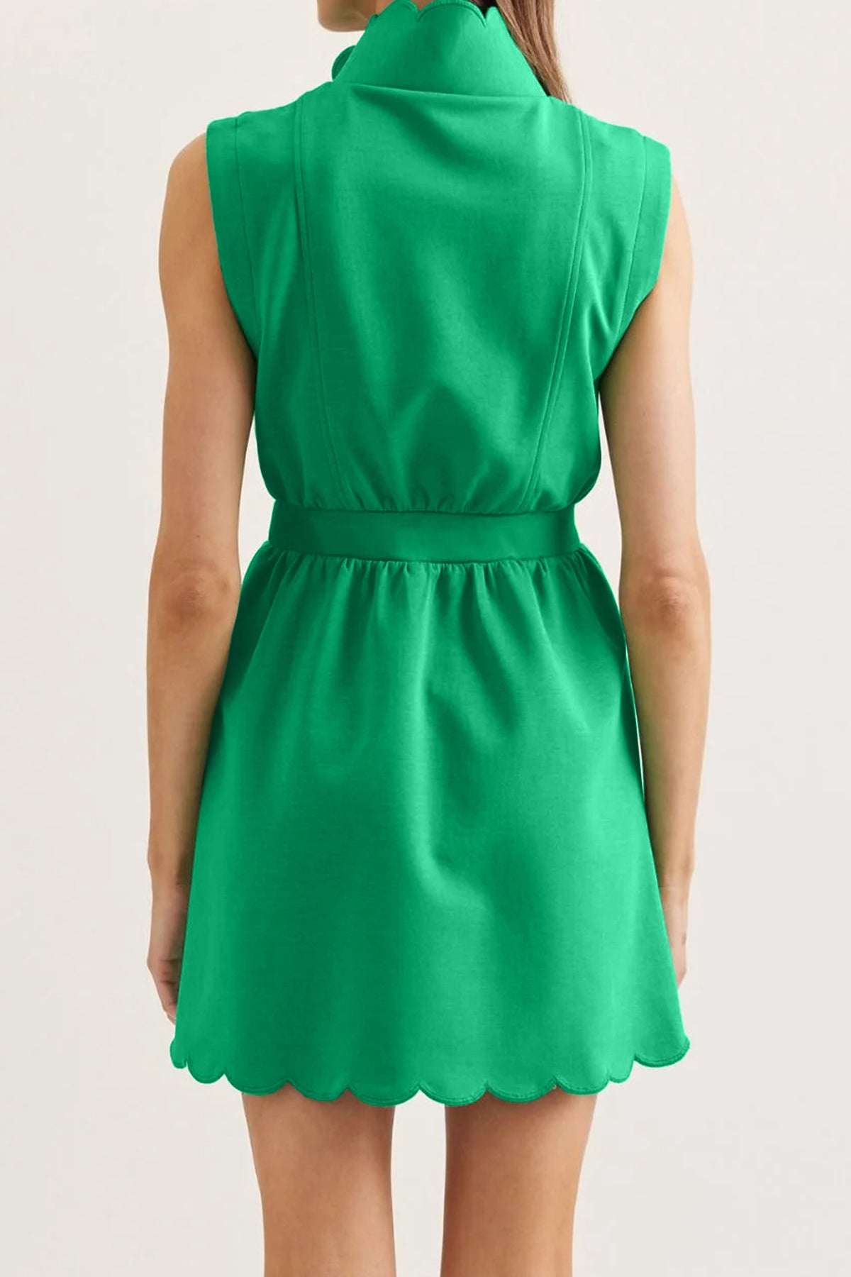 Bright Green Sleeveless Zip Front Scallop Hem Mini Dress PREORDER ETA 3 WEEKS