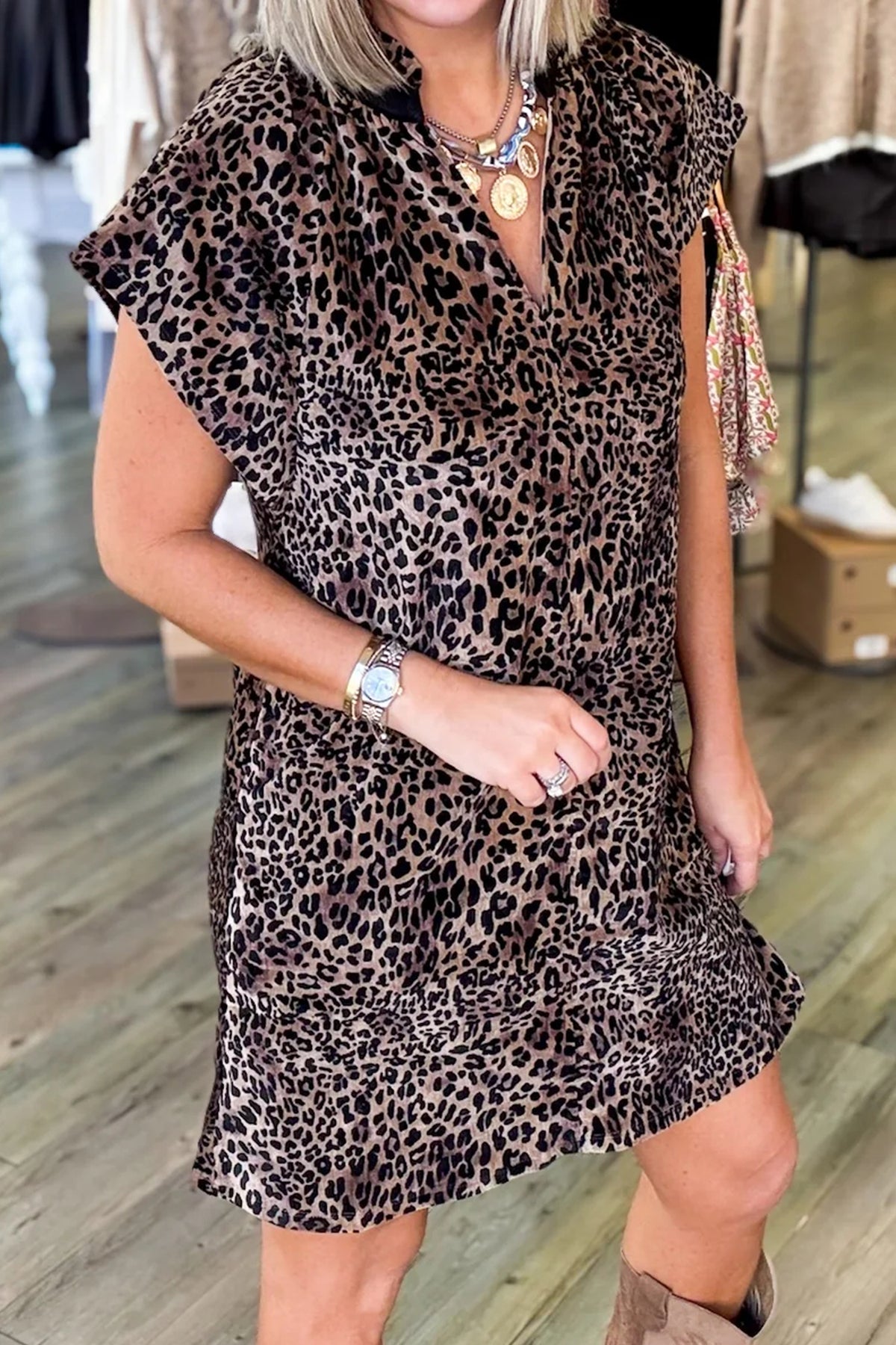 Brown Leopard Print Short Sleeve Mini Shift Silhouette Dress PREORDER ETA 3 WEEKS