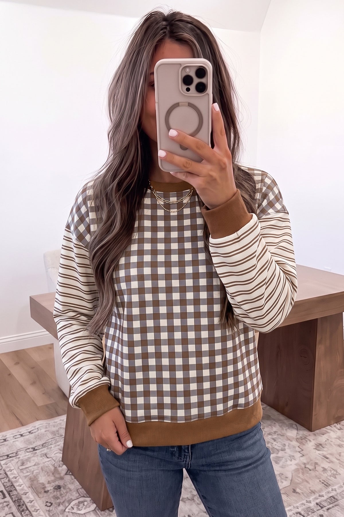 Brown Plaid Striped Patchwork Long Sleeve Casual Top PREORDER ETA 3 WEEKS