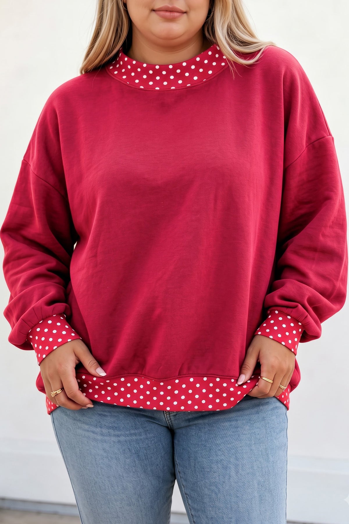Brown Polka Dot Patchwork Round Neck Plus Size Sweatshirt PREORDER ETA 3 WEEKS