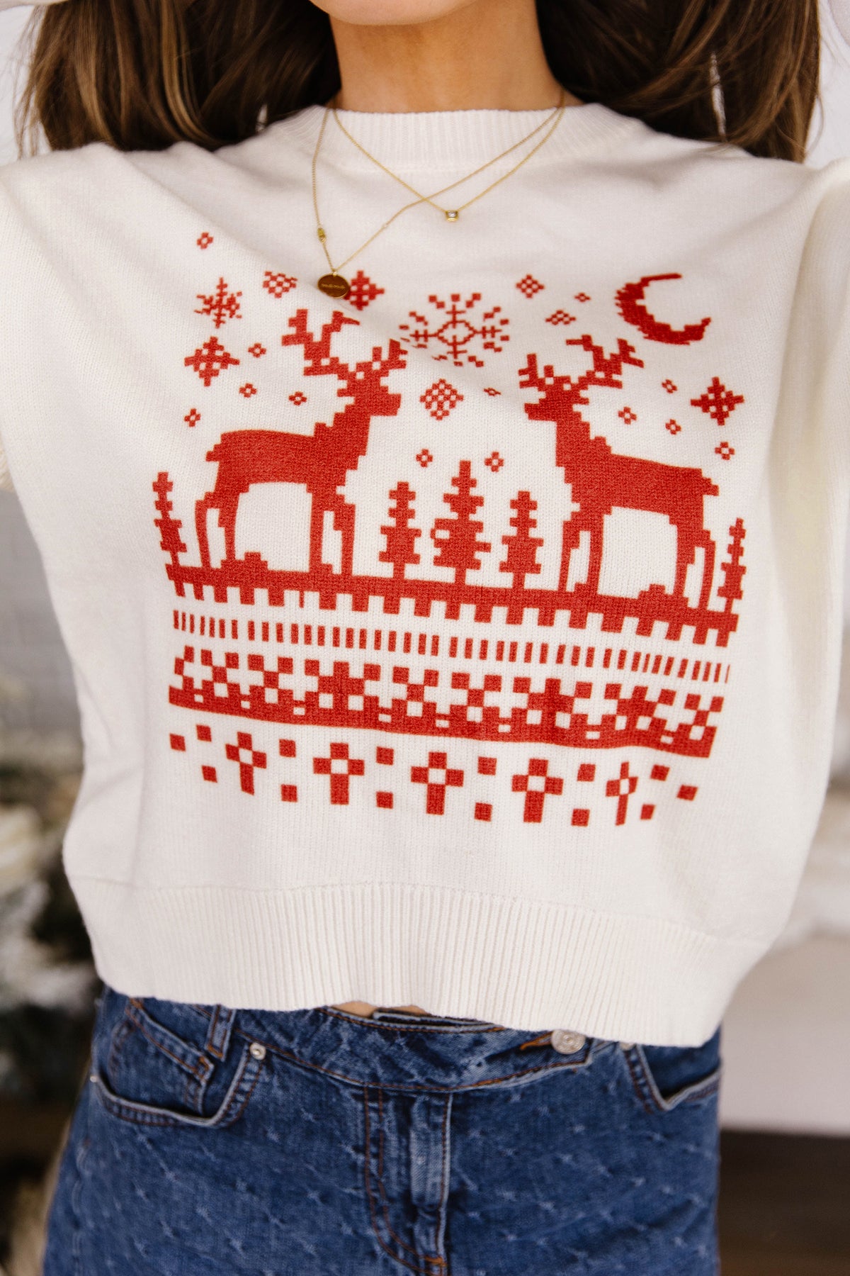 Beige Pixel Snowflake Reindeer Christmas Round Neck Casual Sweater PREORDER ETA 3 WEEKS