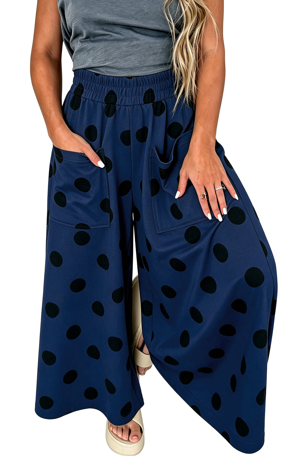 Sail Blue Polka Dot Wide Leg Elastic Waist Casual Pants PREORDER ETA 3 WEEKS