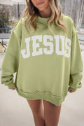 Meadow Mist Green JESUS Letter Patch Graphic Exposed Seam Mock Neck Baggy Sweatshirt PREORDER ETA 3 WEEKS