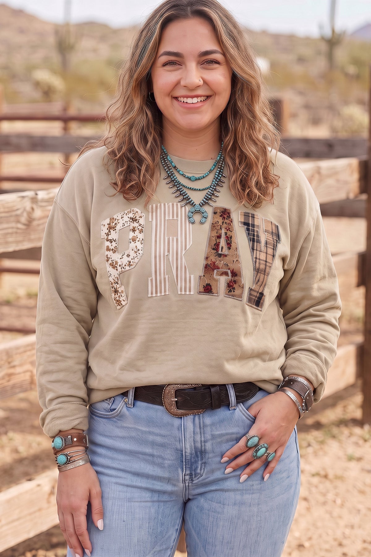 Fiery Red PRAY Letter Patchwork Round Neck Long Sleeve Plus Size Sweatshirt PREORDER ETA 3 WEEKS