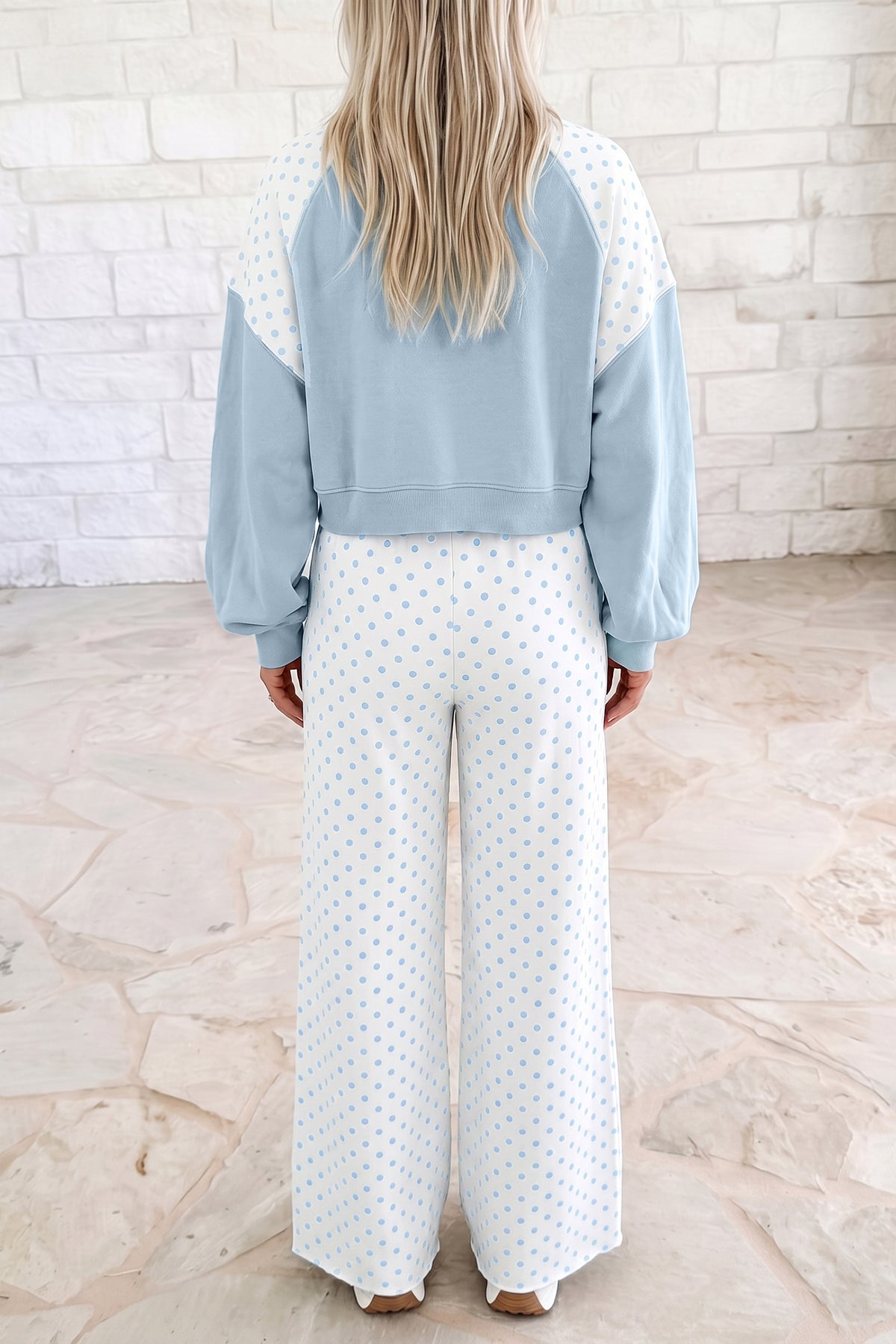 Green Polka Dot Patchwork Colorblock Long Sleeve Casual Two Piece Pants Set PREORDER ETA 3 WEEKS