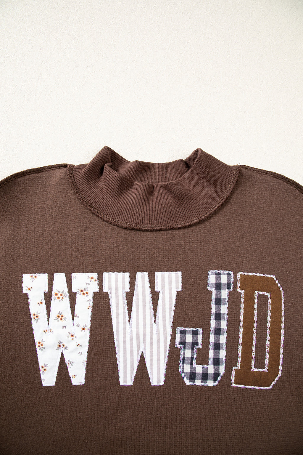 Coffee WWJD Mixed Pattern Embroidered Patch Graphic Mock Neck Sweatshirt PREORDER ETA 3 WEEKS