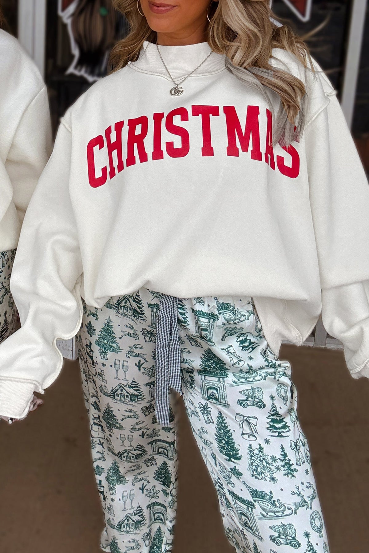 White MERRY/CHRISTMAS Reversible Print Mock Neck Baggy Pullover Sweatshirt PREORDER ETA 3 WEEKS