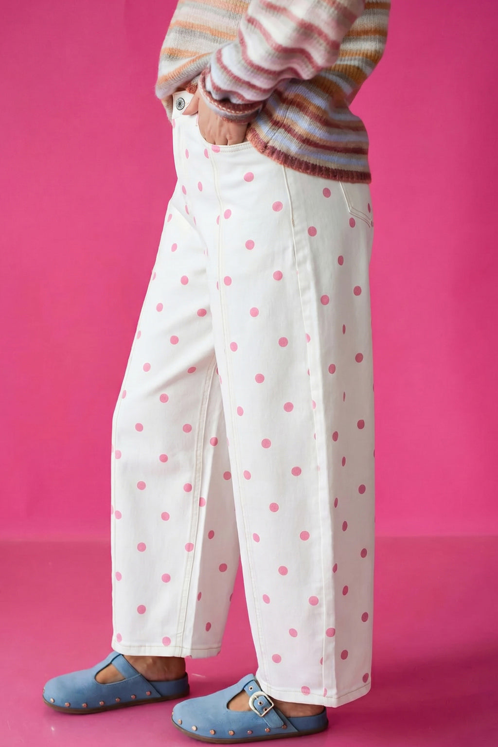Pink Tailored Seam Polka Dot Print Barrel Casual Jeans PREORDER ETA 3 WEEKS