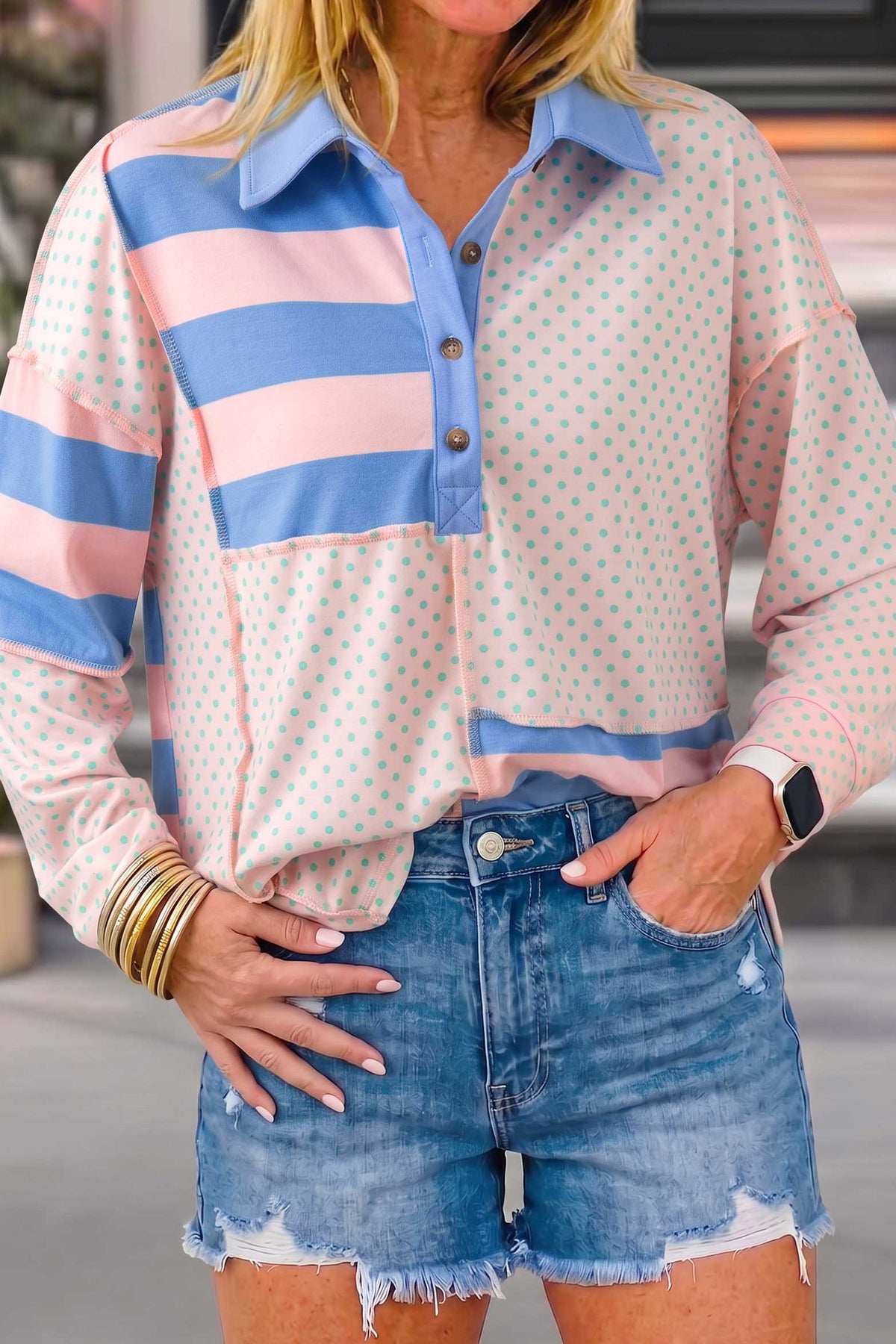 Pink Striped Polka Dot Patchwork Polo Collar Long Sleeve Top PREORDER ETA 3 WEEKS