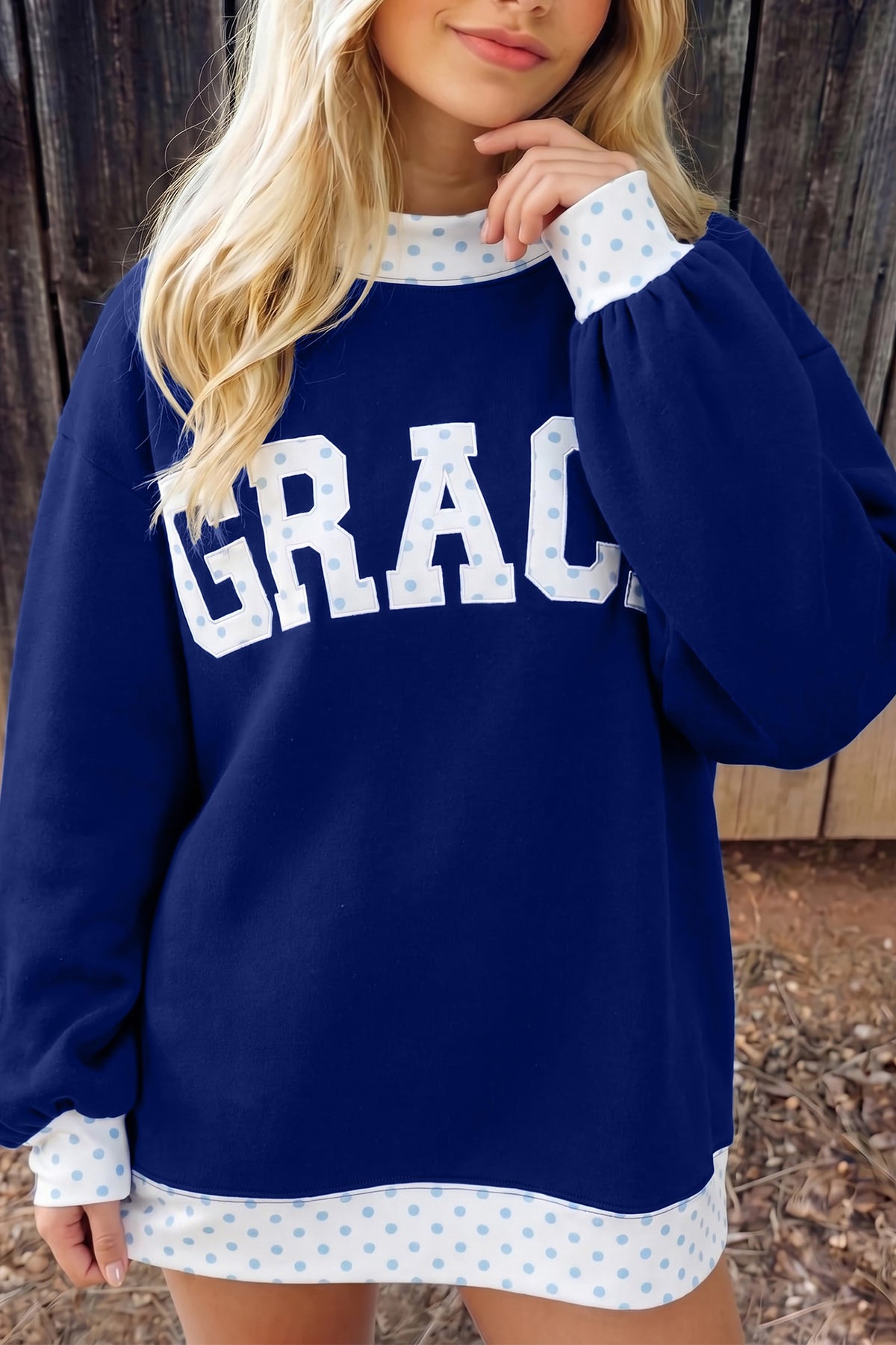 Dirty blue Polka Dot Trim High Neck GRACE Letter Graphic Baggy Sweatshirt PREORDER ETA 3 WEEKS