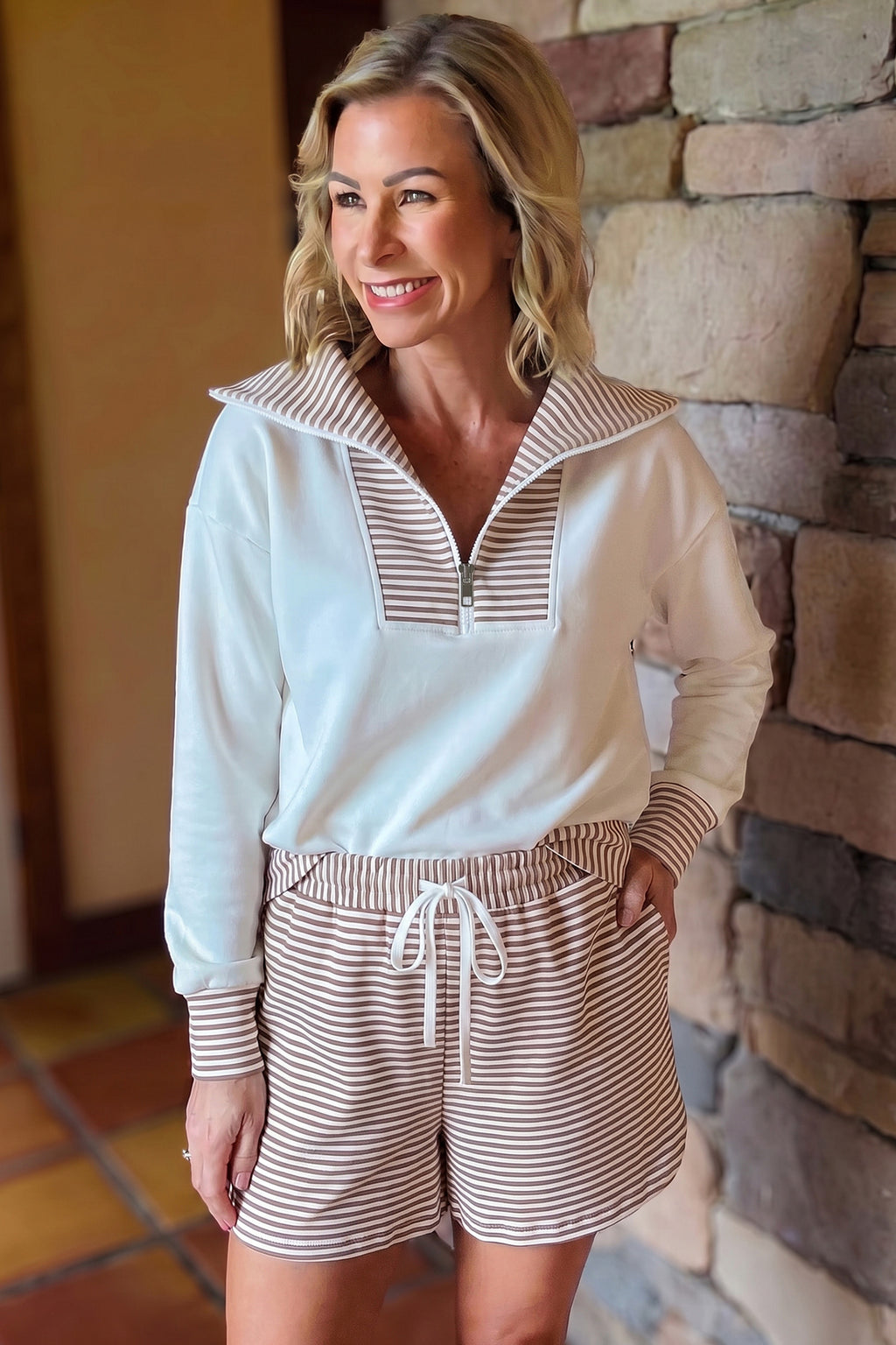 Khaki Stripe Color Block Patchwork Long Sleeve Top Drawstring Shorts Set PREORDER ETA 3 WEEKS