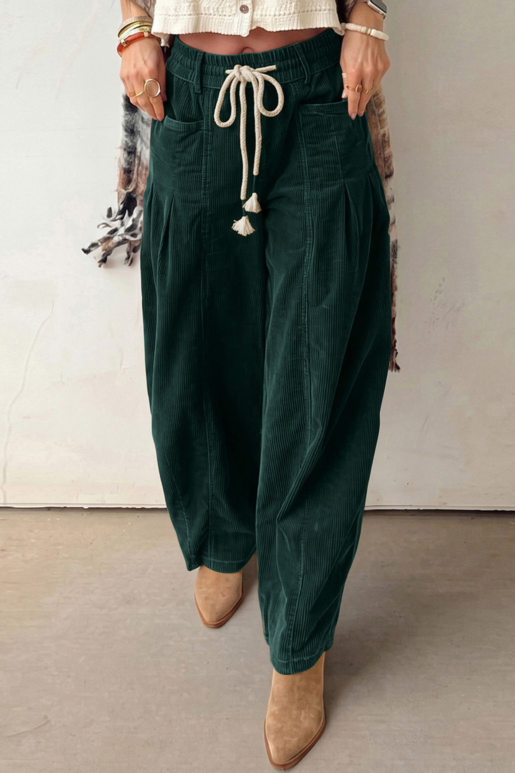 Blackish Green Elastic Waist Drawstring Corduroy Casual Pants PREORDER ETA 3 WEEKS