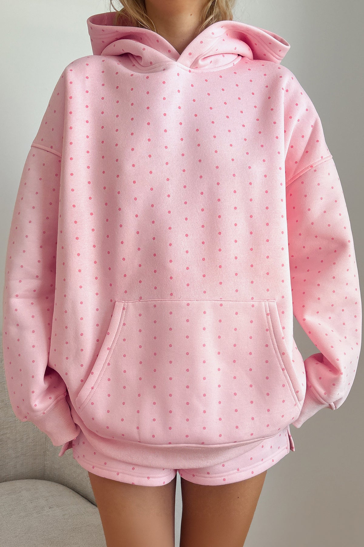 Pink Polka Dot Printed Oversized Hoodie Casual Shorts 2pcs Set PREORDER ETA 3 WEEKS