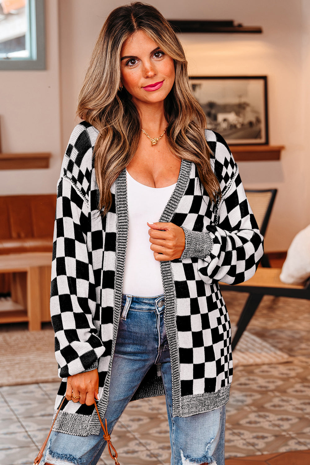 Black Checkered Open Front Drop Shoulder Cardigan PREORDER ETA 3 WEEKS