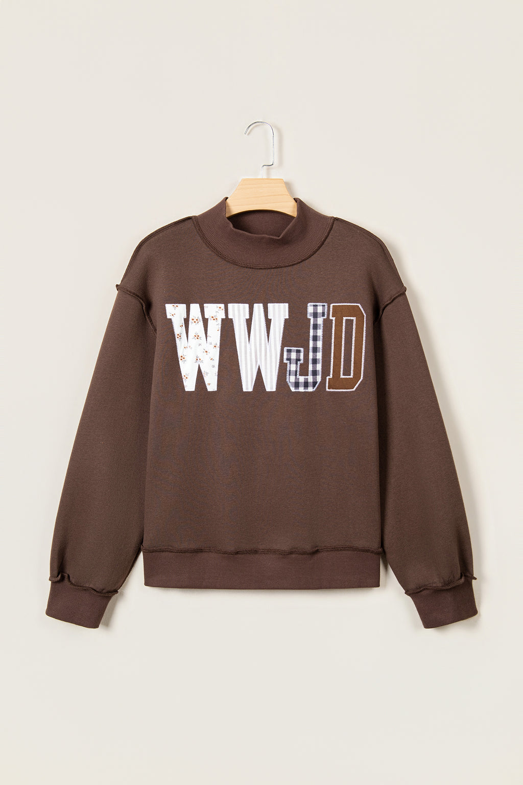 Coffee WWJD Mixed Pattern Embroidered Patch Graphic Mock Neck Sweatshirt PREORDER ETA 3 WEEKS