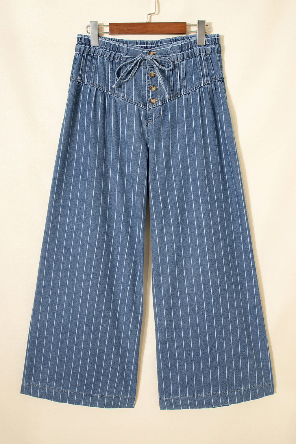 Sky Blue Stripe Button Pleated Drawstring Waist Casual Wide Leg Jeans PREORDER ETA 3 WEEKS