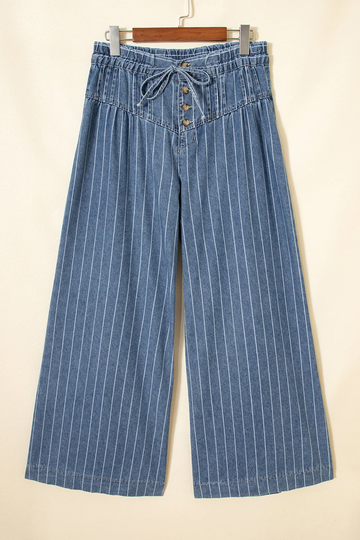Sky Blue Stripe Button Pleated Drawstring Waist Casual Wide Leg Jeans PREORDER ETA 3 WEEKS