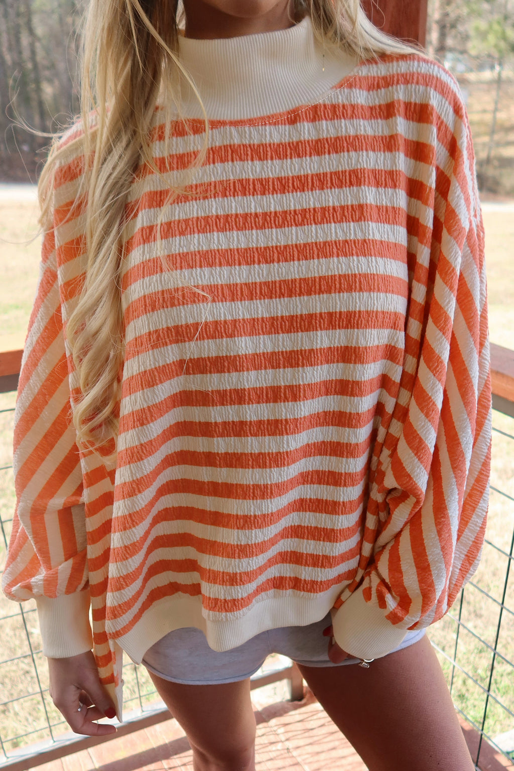 Orange Stripe Textured Contrast High Neck Long Sleeve Top Elastic Waist Pants 2pcs Set PREORDER ETA 3 WEEKS