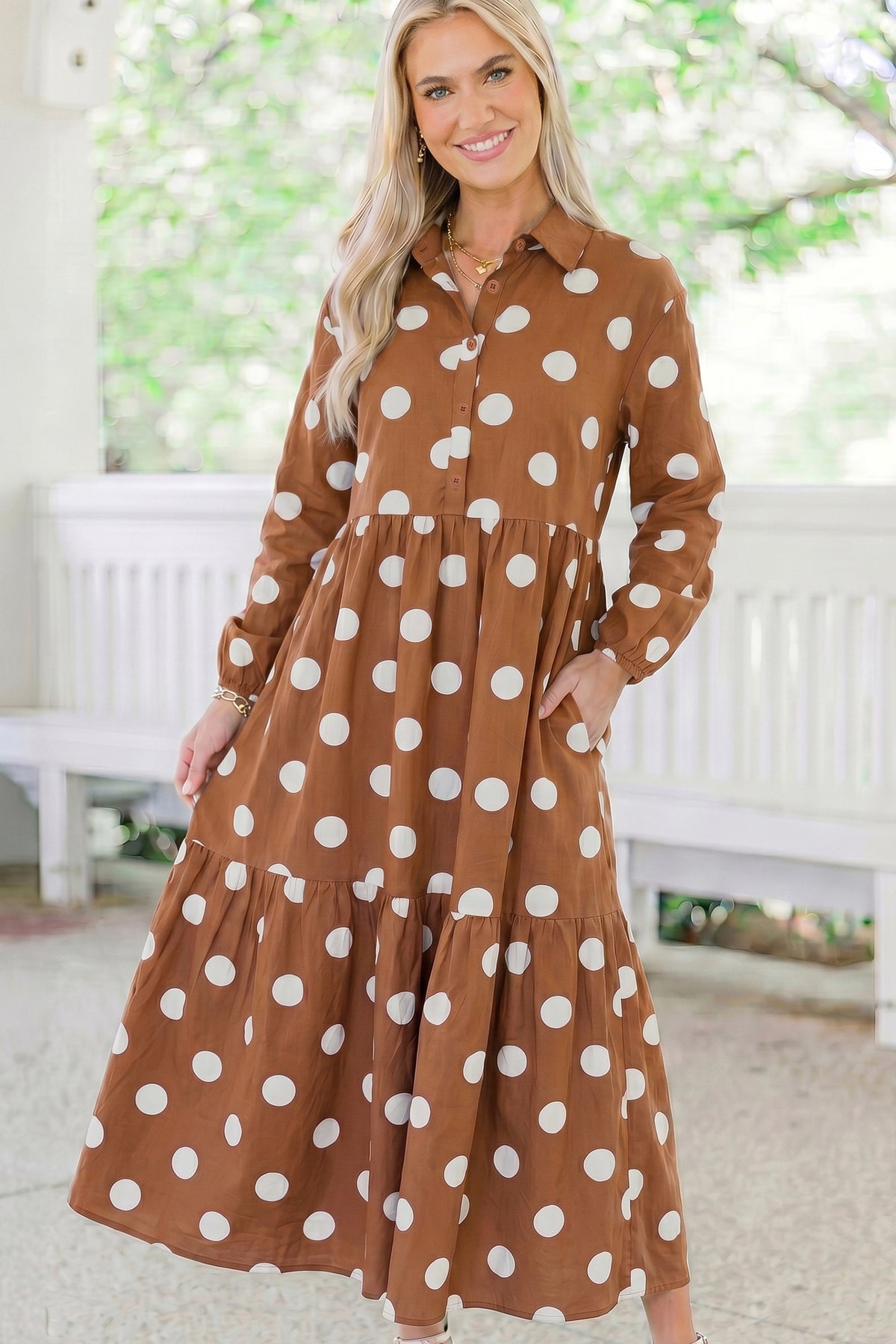 Brown Polka Dot Button Front Long Sleeve Shift Dress PREORDER 3 WEEK TAT