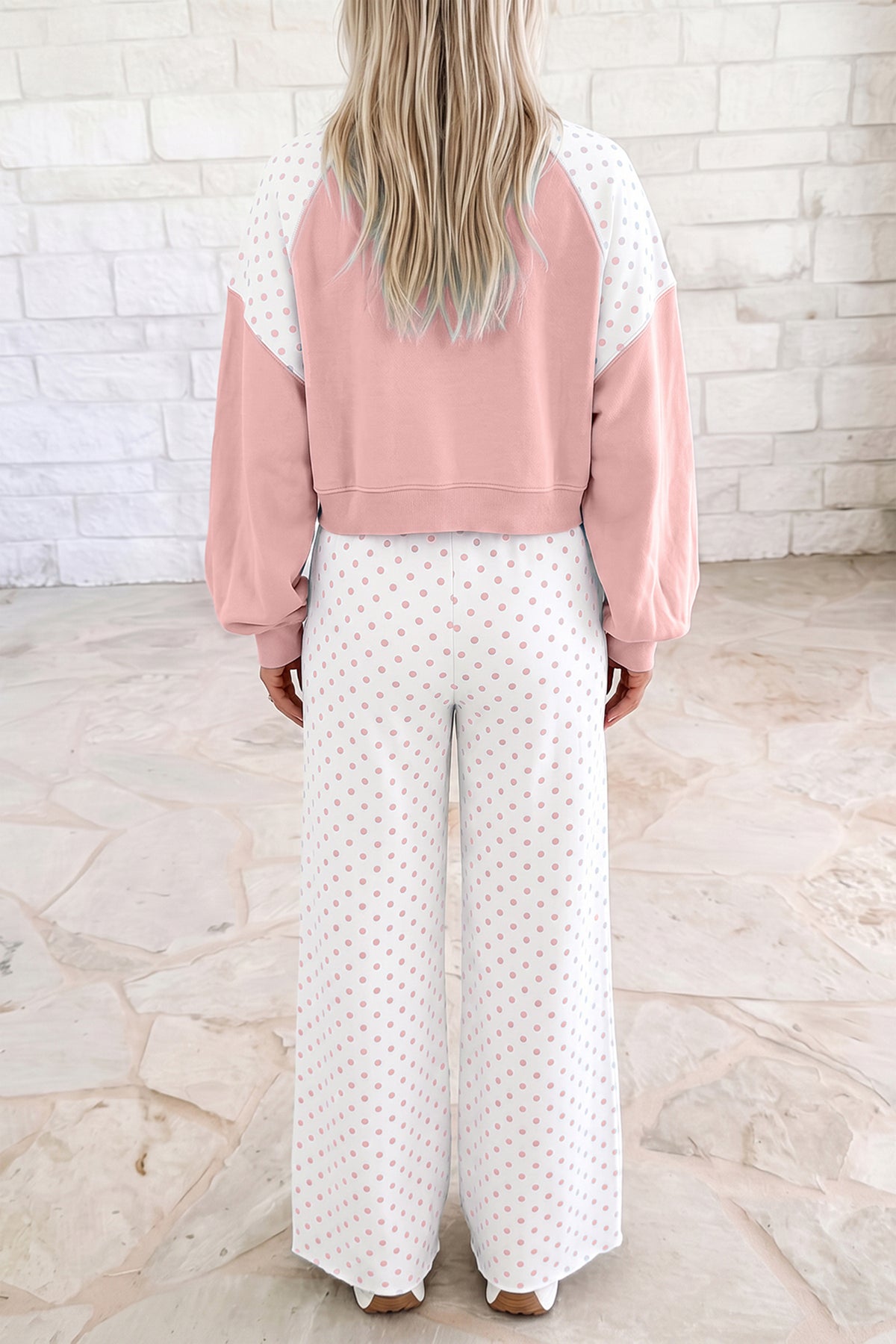 Green Polka Dot Patchwork Colorblock Long Sleeve Casual Two Piece Pants Set PREORDER ETA 3 WEEKS