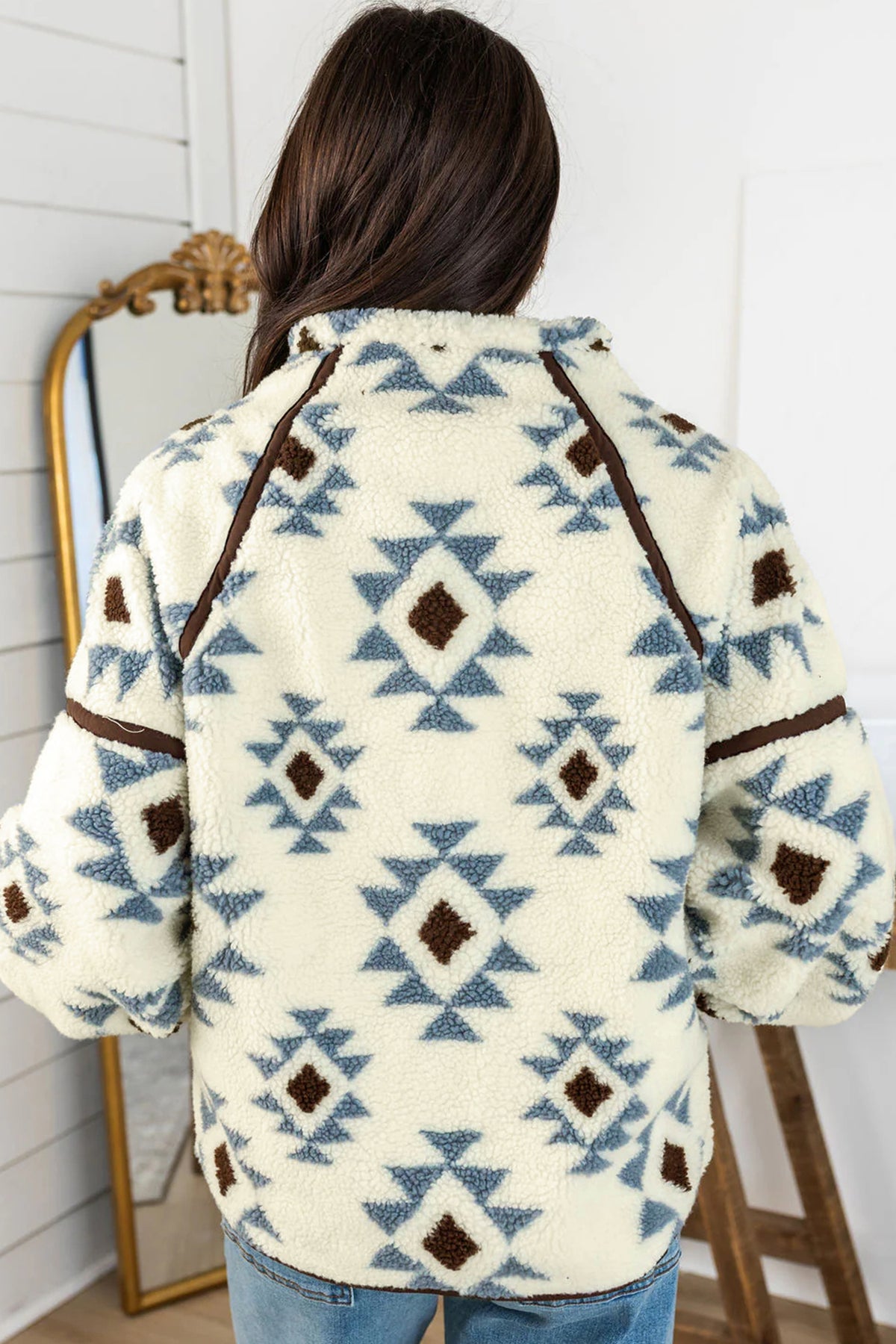 Beige Geometric Print Sherpa Western Style Long Sleeve Sweatshirt PREORDER ETA 3 WEEKS