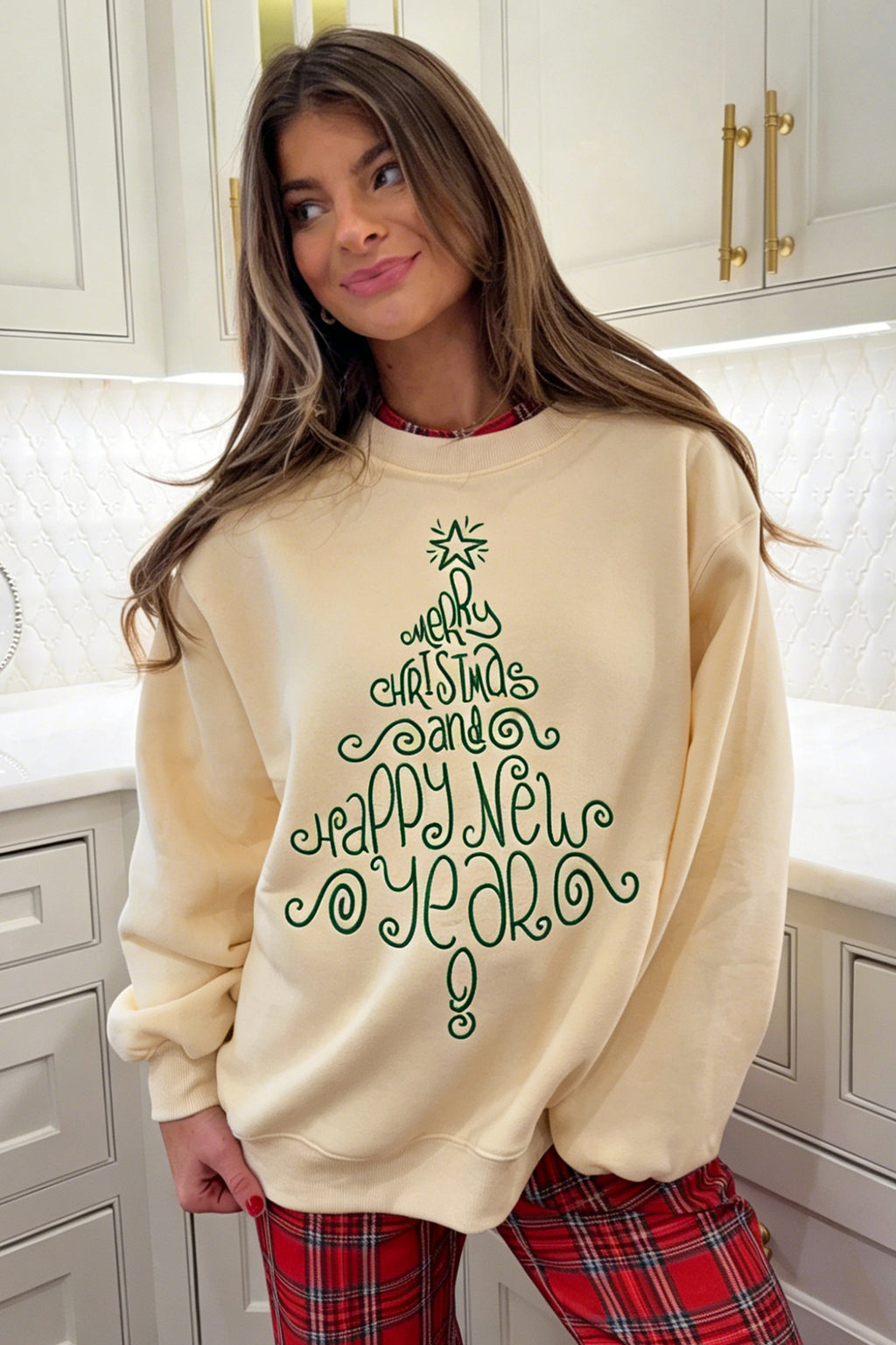 Apricot Merry Christmas and Happy New Year Embroidered Holiday Slogan Sweatshirt PREORDER ETA 3 WEEKS