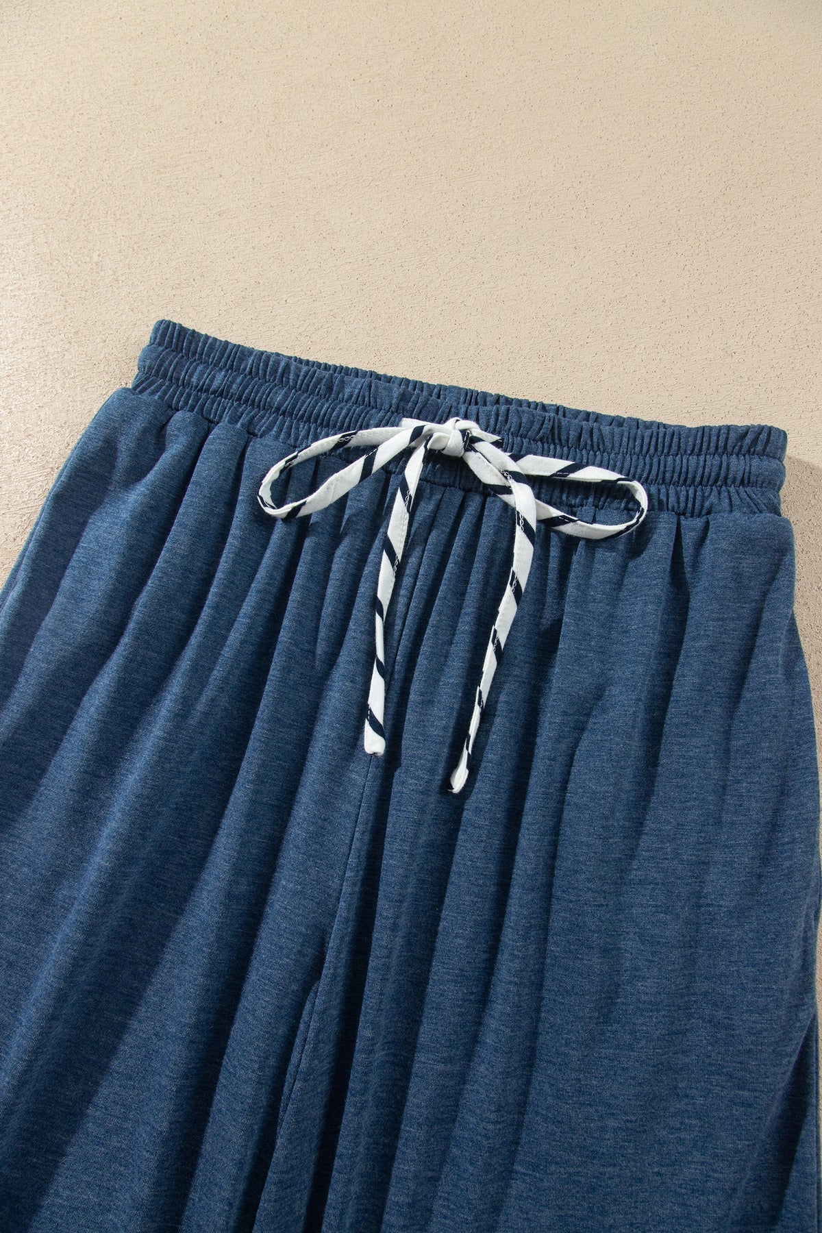 Blue Stripe V Neck Ruffle Contrast Sleeve Top Drawstring Pants 2pcs Set PREODER