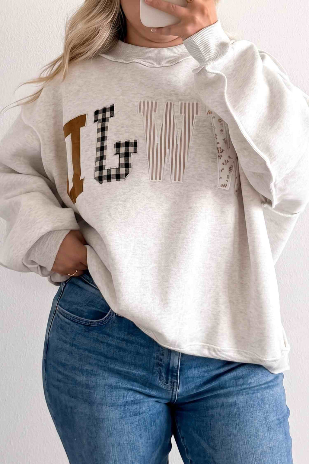 Gray WWJD Mix Pattern Letter Graphic Exposed Seam Loose Plus Size Sweatshirt PREORDER ETA 3 WEEKS