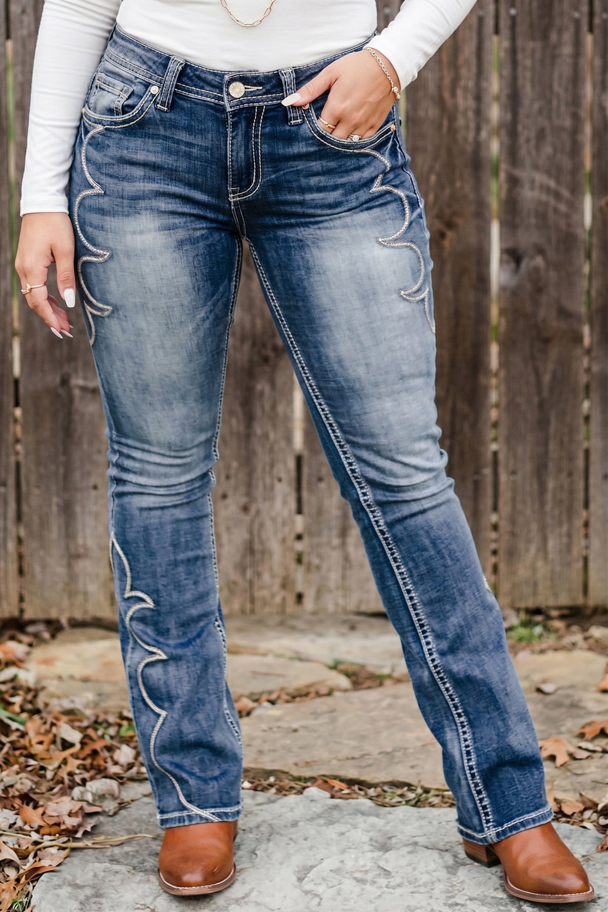 Blue Western Embroidered Flare Full Length Jeans PREORDER ETA 3 WEEKS
