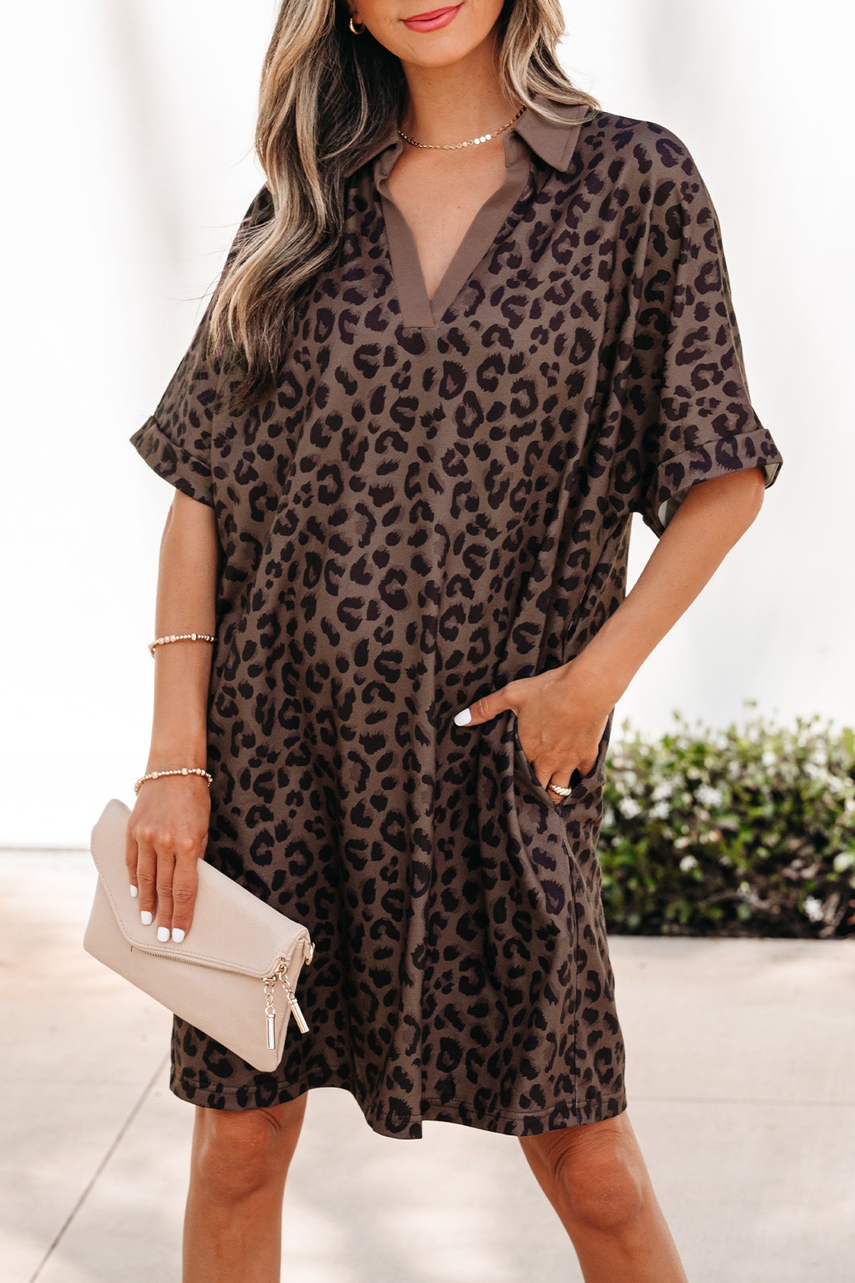 Brown Leopard Print Contrast Collar V-Neck Mini Dress PREORDER ETA 3 WEEKS