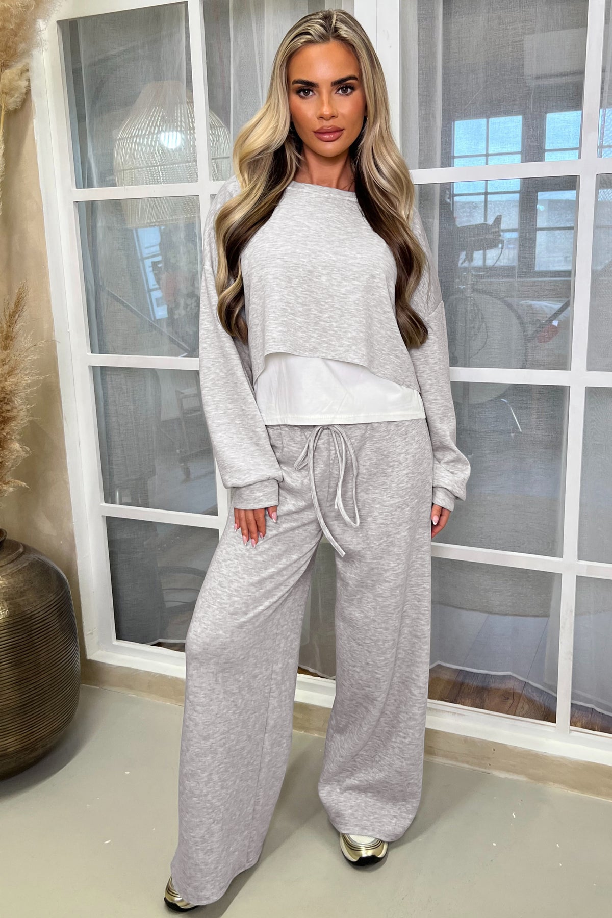 Pink Color Contrast Overlay Long Sleeve Top Drawstring Loose Pant Set PREORDER ETA 3 WEEKS