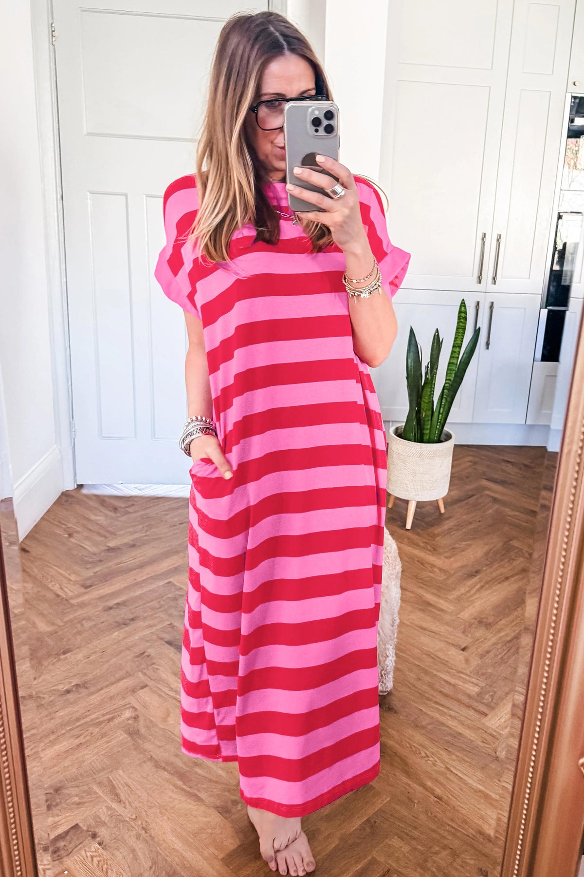 Rose Stripe Cuffed Short Sleeve Pocketed Casual T Shirt Long Dress PREORDER ETA 3 WEEKS