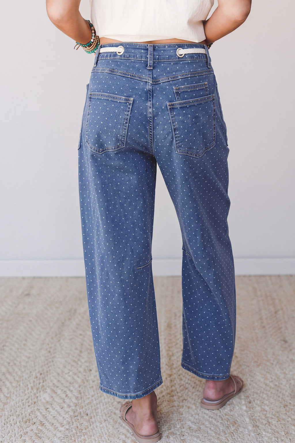 Blue Casual Polka Dot Ankle-Length Drawstring Jeans PREORDER ETA 3 WEEKS