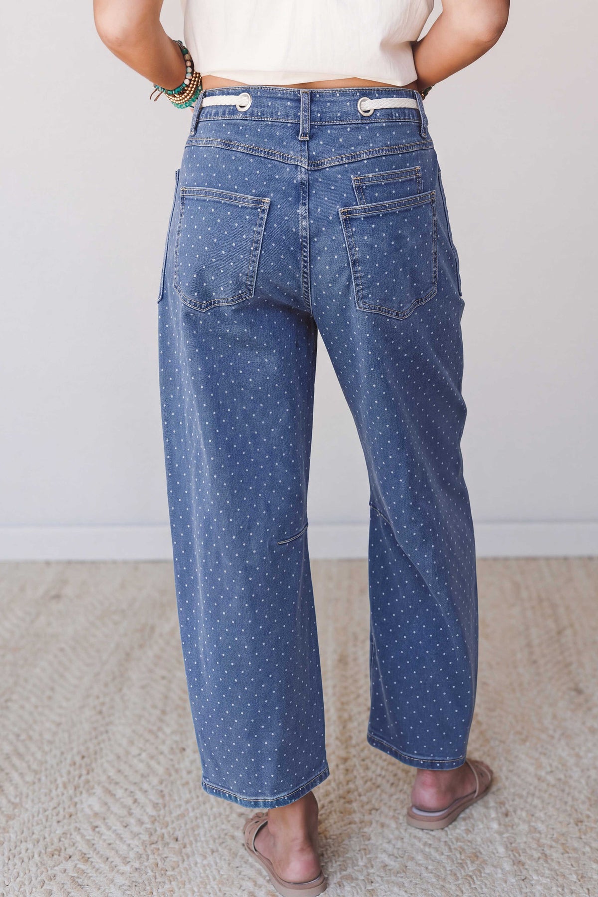 Blue Casual Polka Dot Ankle-Length Drawstring Jeans PREORDER ETA 3 WEEKS