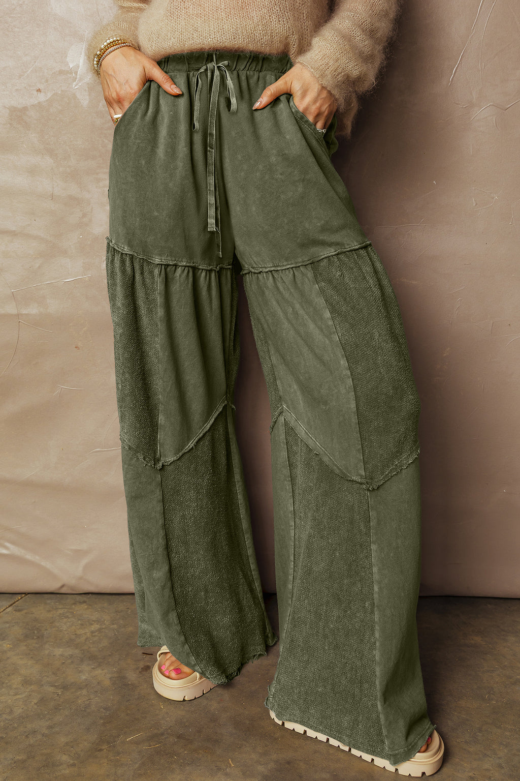 Vineyard Green Mineral Wash Tiered Wide Leg Patchwork Drawstring Pants PREORDER ETA 3 WEEKS