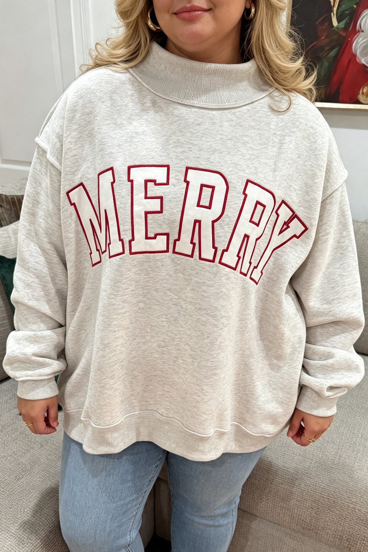 Gray Embroidered Merry Letter Print Mock Neck Plus Size Sweatshirt PREORDER ETA 3 WEEKS