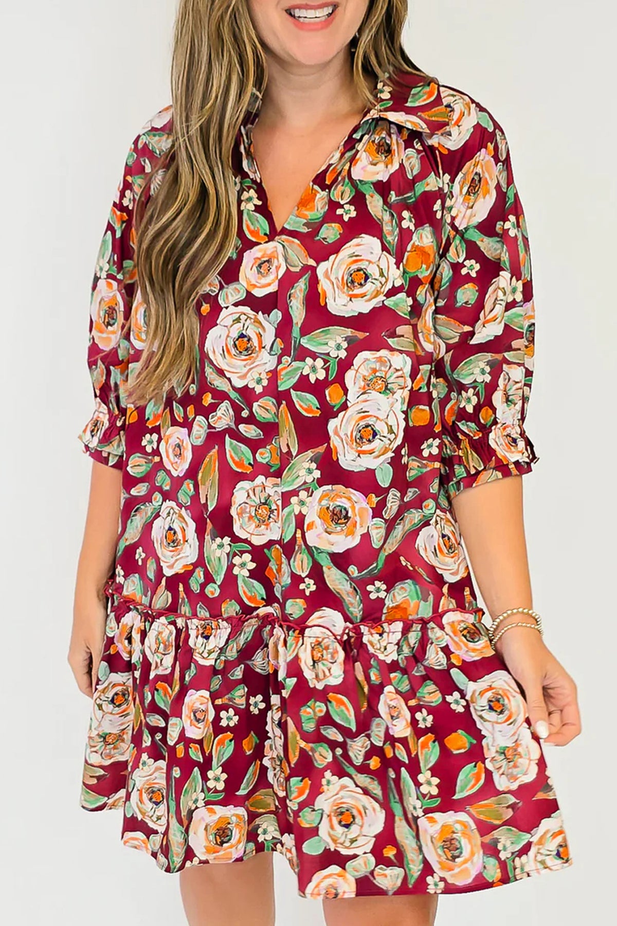 Red Floral Print Half Sleeve Short Shift Dress PREORDER ETA 3 WEEKS