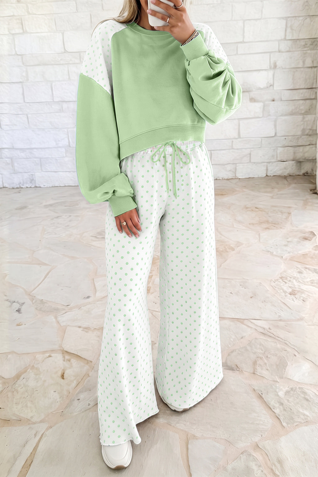 Green Polka Dot Patchwork Colorblock Long Sleeve Casual Two Piece Pants Set PREORDER ETA 3 WEEKS